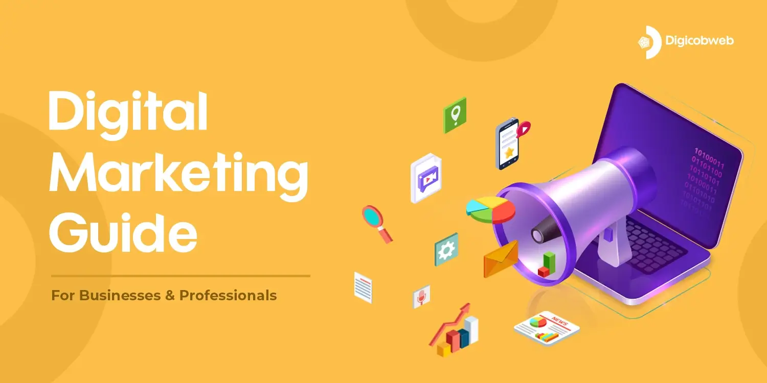 Illustration contains icons of digital marketing and text written digital marketing guide for the professionals and practitioners