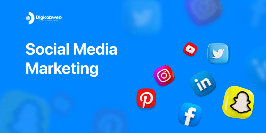 A vibrant blue graphic titled "Social Media Marketing" featuring 3D-style icons for YouTube, Instagram, X (Twitter), LinkedIn, Pinterest, Facebook, and Snapchat.