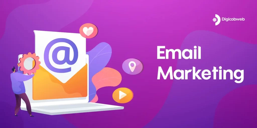 A purple-themed graphic titled "Email Marketing" featuring an illustration of a laptop with an envelope and "at" symbol emerging from the screen, accompanied by floating heart, location, and play icons.