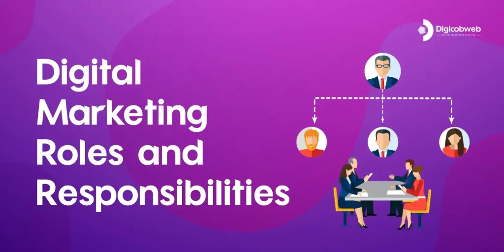 A purple-themed graphic titled "Digital Marketing Roles and Responsibilities" featuring an organizational chart of team members and an illustration of four professionals in a meeting.