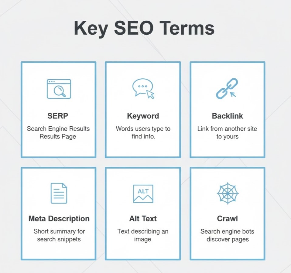 Infographic defining key SEO terms like SERP, backlink, and keyword.