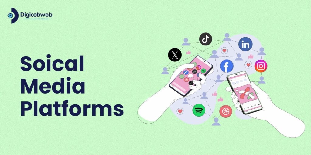 A graphic on a light green background featuring the text "Soical Media Platforms" next to an illustration of two hands holding smartphones, surrounded by a connected network of social media icons including Facebook, Instagram, LinkedIn, TikTok, X, and Spotify.