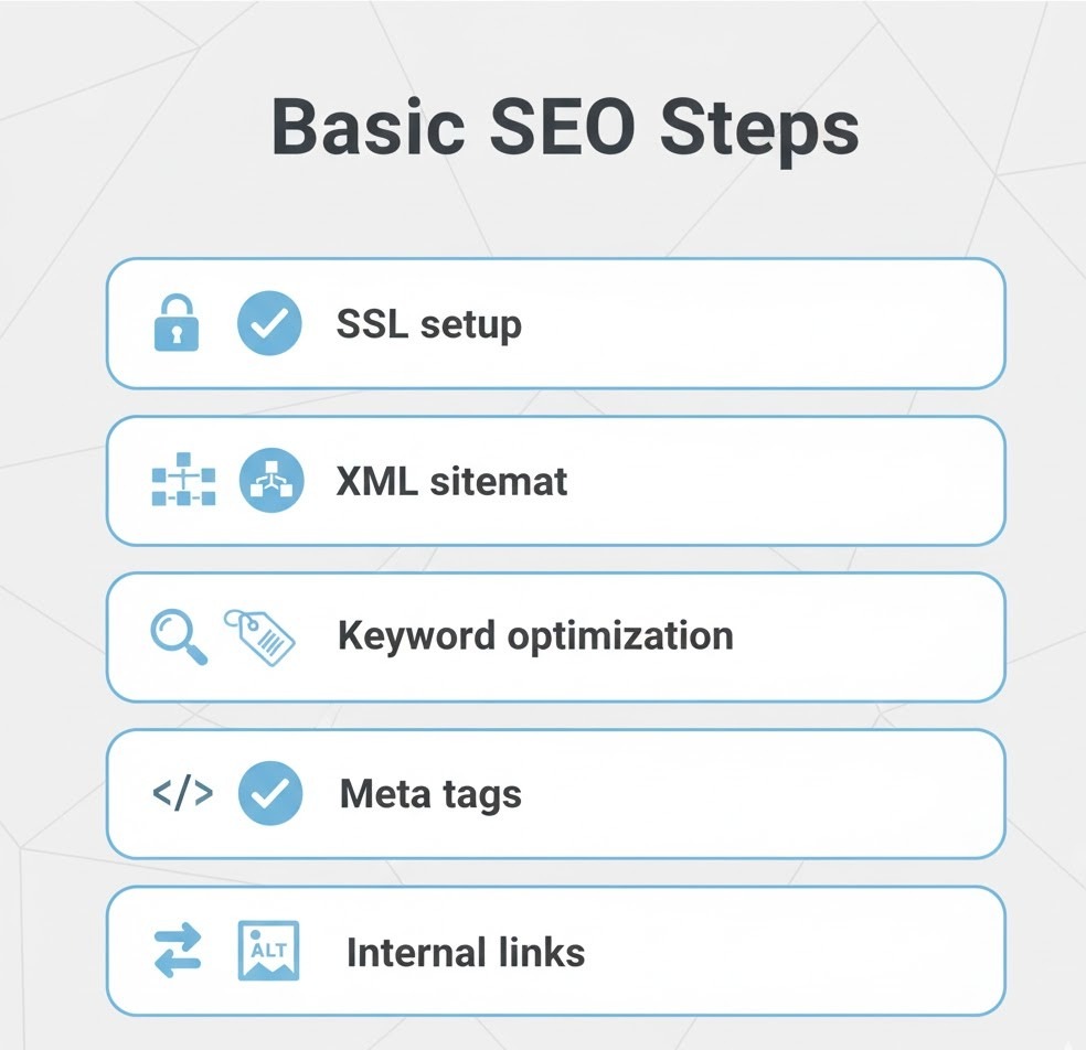 SEO checklist infographic showing basic website optimization steps.
