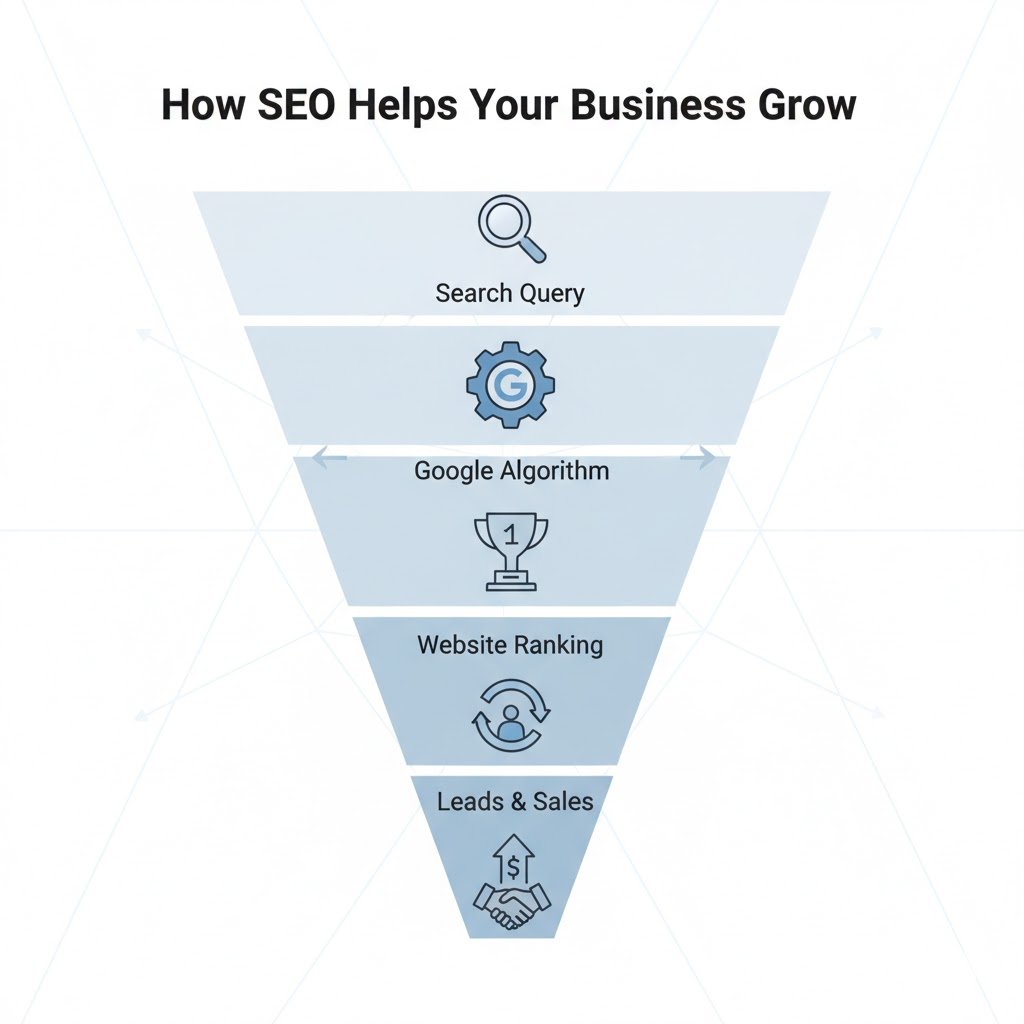 Infographic showing how SEO improves website visibility and drives organic traffic leading to sales.
