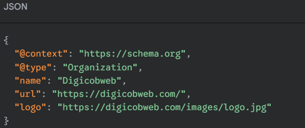 JSON code showing Organization Schema code
