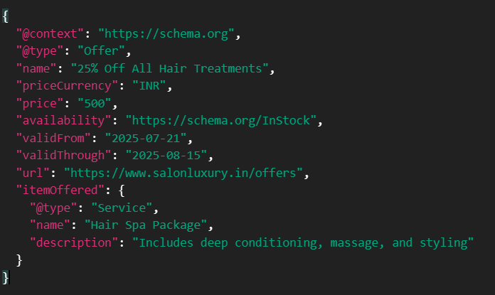 Image showing Offer Schema showing 25% Off on All Hair Treatments
