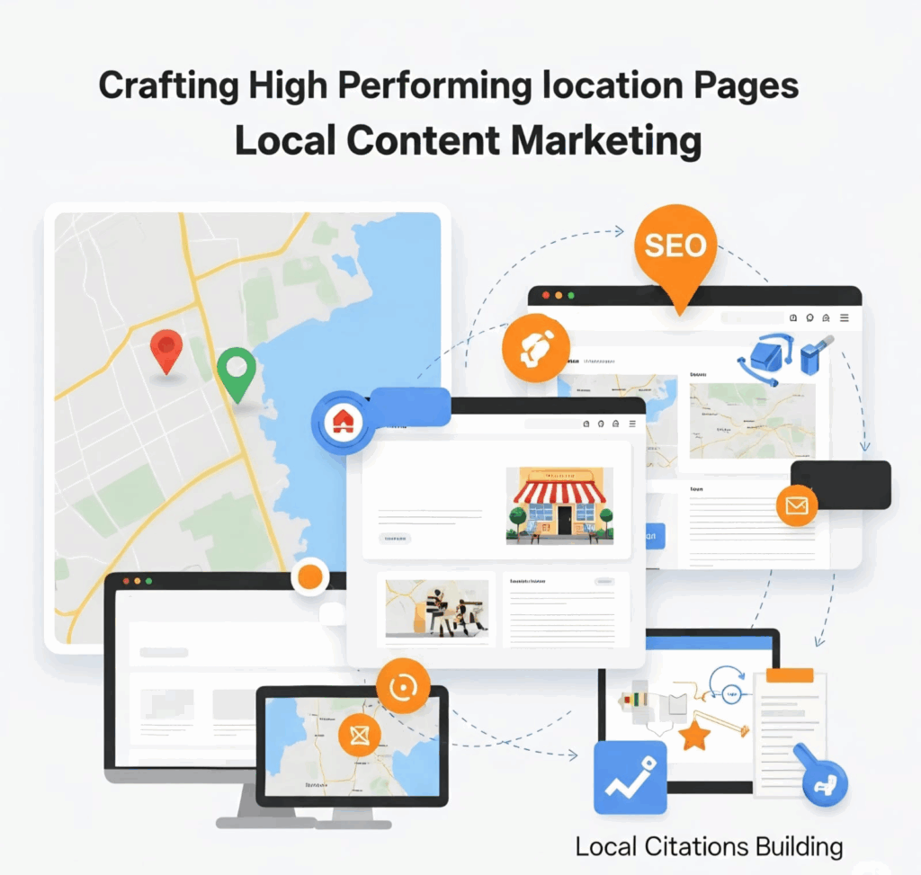 Process of crafting high-performing location pages, showing maps, local SEO elements, and website content.