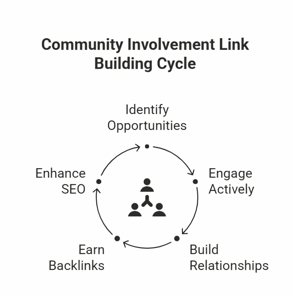 Community Link Building Cycle: Find, Get Involved, Connect, Backlinks, SEO.