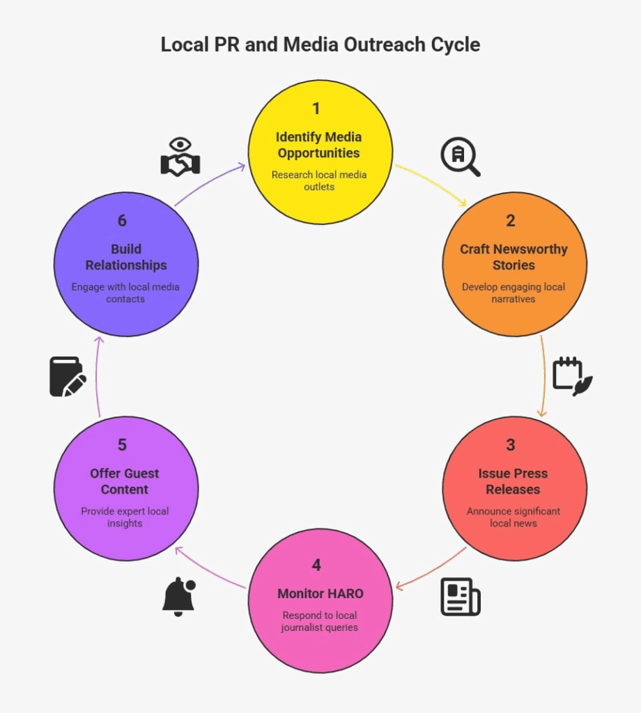 Diagram illustrating a 6-step cycle for local PR and media outreach