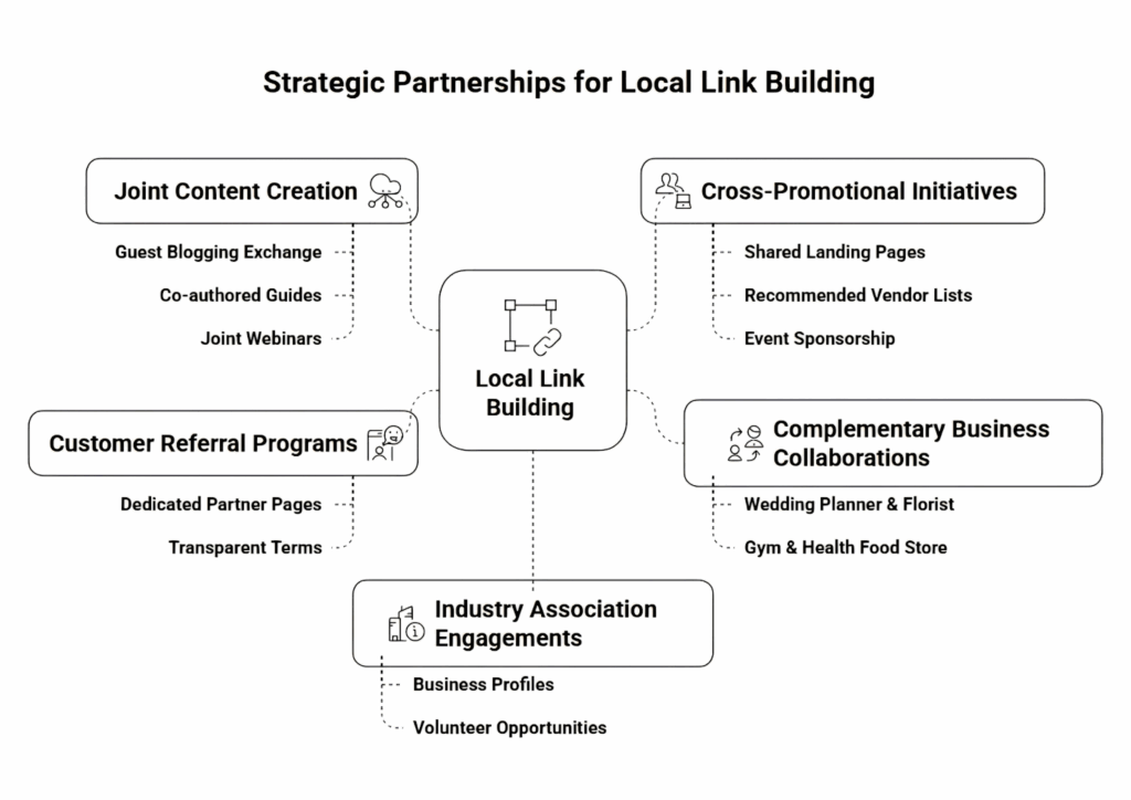 Local link building strategies: content, cross-promotion, referrals, collaborations, and industry.