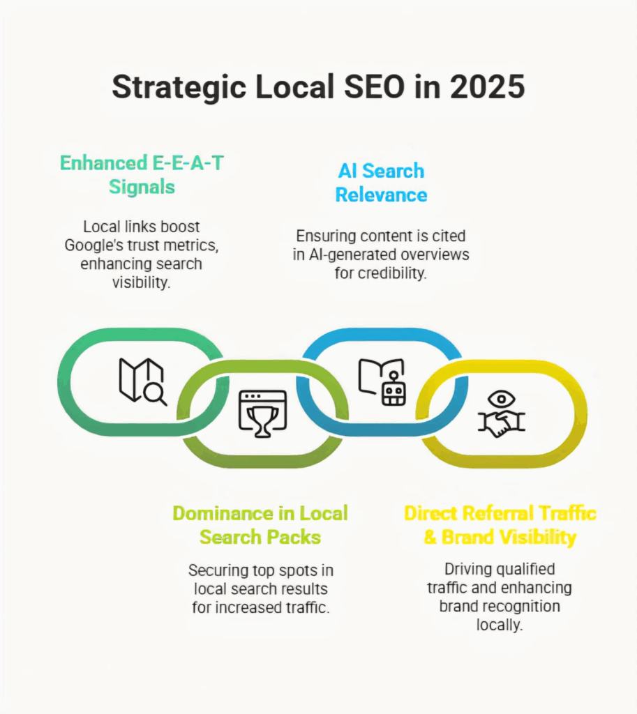Strategic Local SEO in 2025” chain: E-E-A-T, AI relevance, local packs, referrals