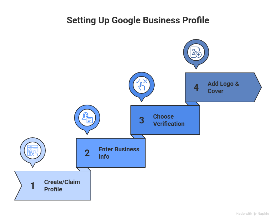 Step-by-step guide on how to set up a Google Business Profile: Creating a profile, entering business info, choosing a verification method, and adding a logo and cover image.