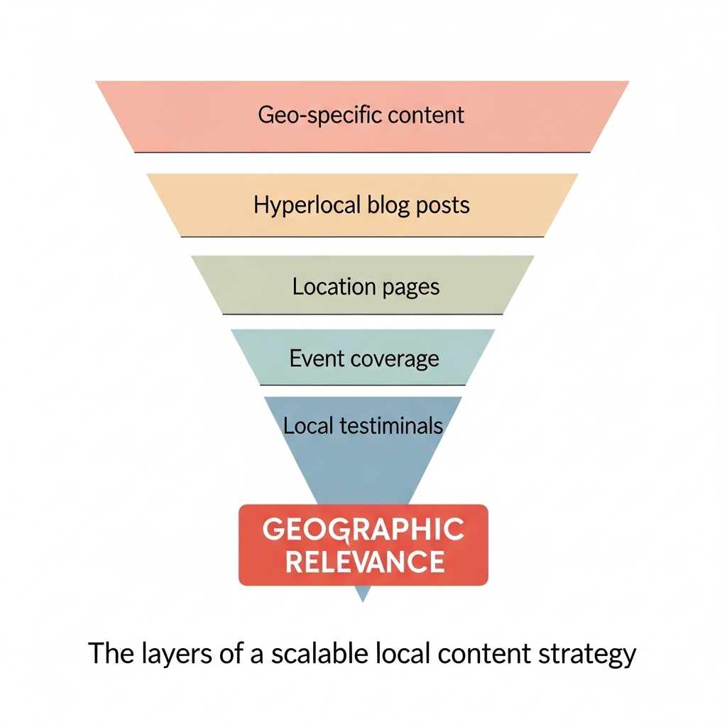Various tiers of a local content strategy, including hyperlocal pages and geospecific content.