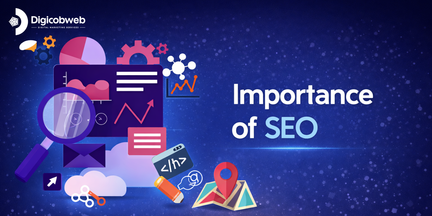 Digital banner with the headline “Importance of SEO” on the right side. On the left, a large magnifying glass highlights an analytics dashboard featuring graphs and charts.