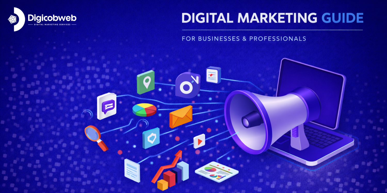 Digital Marketing Guide banner with megaphone, laptop, and marketing icons on blue background featuring Digicobweb logo.