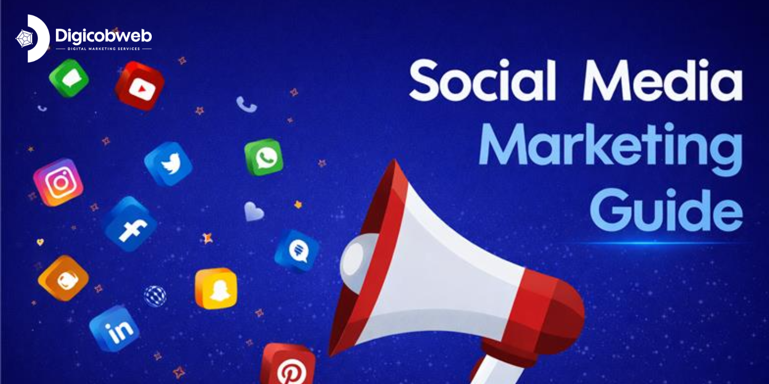 Digital Marketing Guide banner with megaphone, laptop, and marketing icons on blue background featuring Digicobweb logo.