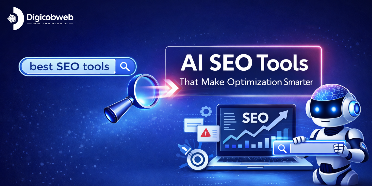 Blue gradient blog banner with the headline “AI SEO Tools That Make Optimization Smarter,” featuring a laptop with SEO growth charts, a robot holding a search bar, and glowing search elements.