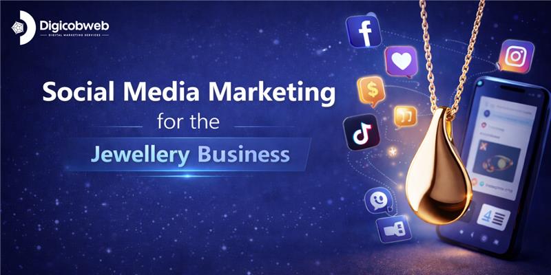 Blue gradient blog banner with the headline “AI SEO Tools That Make Optimization Smarter,” featuring a laptop with SEO growth charts, a robot holding a search bar, and glowing search elements.