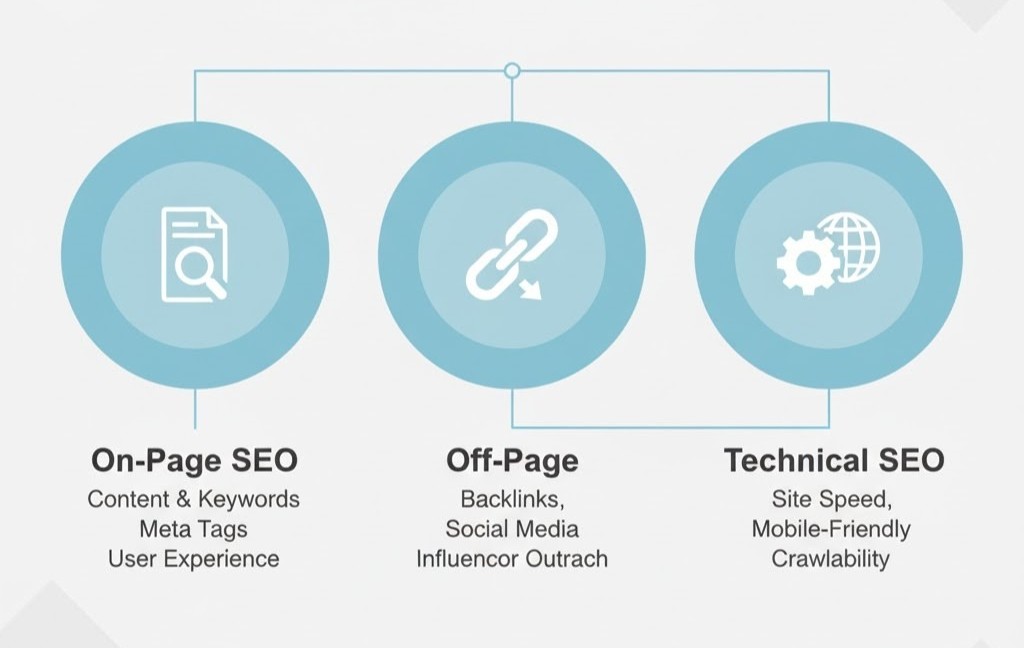Simple infographic showing three main types of SEO: on-page, off-page, and technical