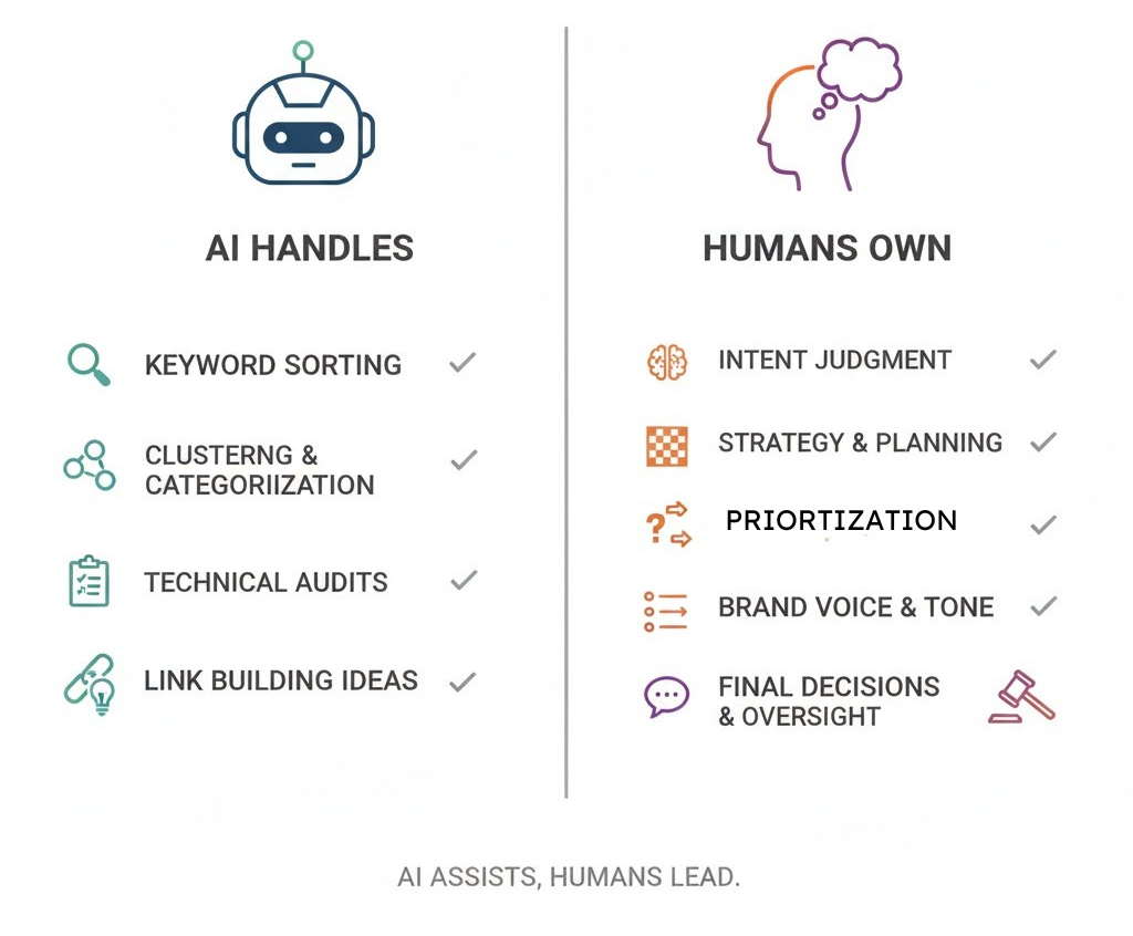 A comparison chart with what AI handles and what humans still own