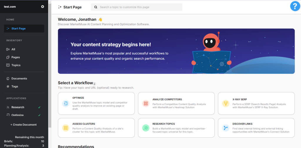 MarketMuse dashboard welcome page showing workflows for content strategy, optimization, and competitor analysis.