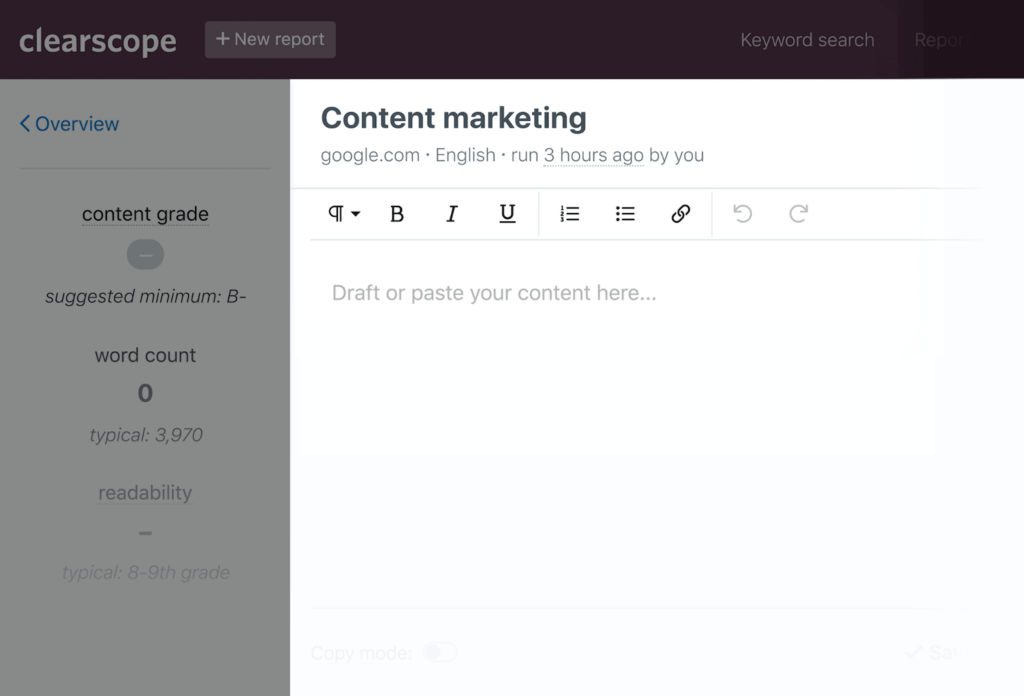 Clearscope content marketing report interface showing a B- suggested grade and word count tracker.