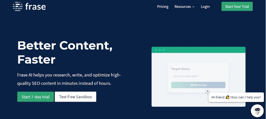 Frase AI homepage for researching and optimizing high-quality SEO content faster.