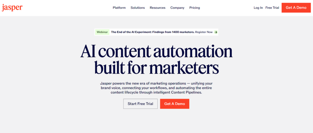 Jasper AI homepage featuring AI-driven content automation and pipelines for marketing teams.