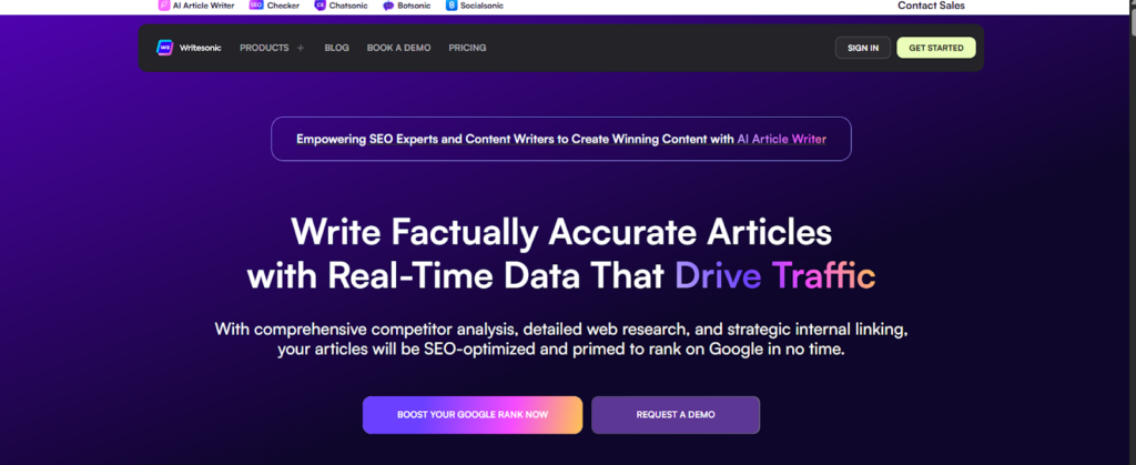 Writesonic homepage for generating factually accurate, SEO-optimized articles with real-time data.