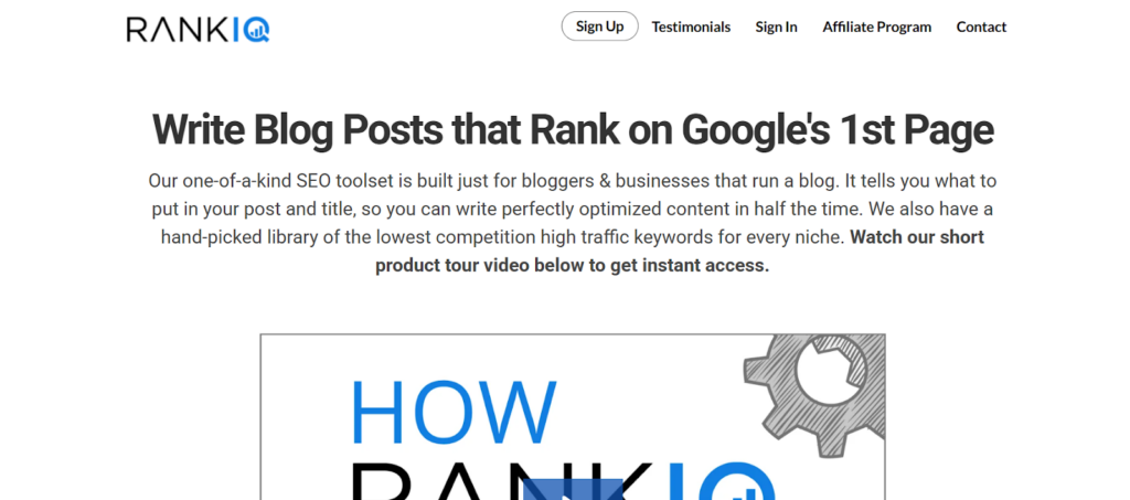RankIQ SEO toolset homepage designed to help bloggers write posts that rank on the first page of Google.