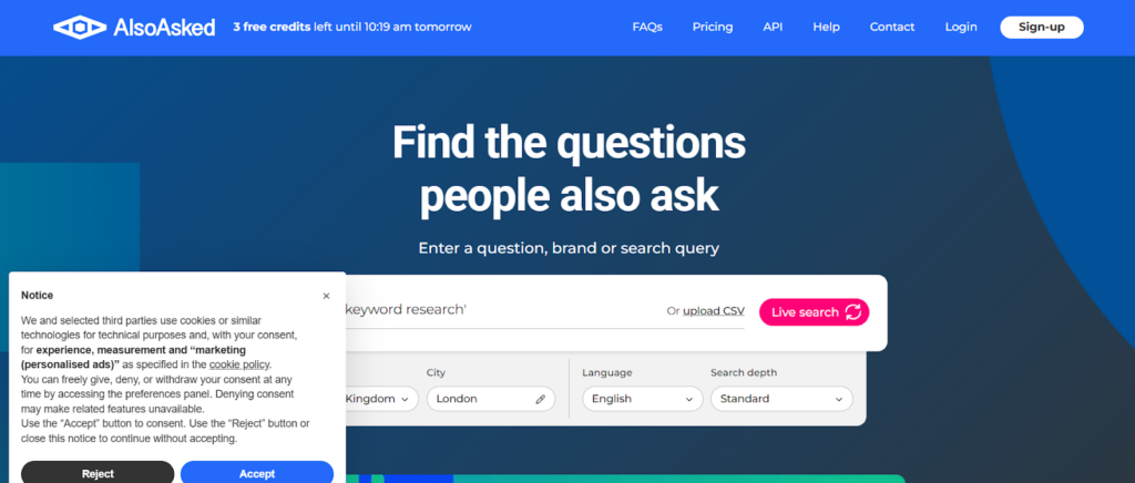 AlsoAsked homepage for finding "People Also Ask" questions and search query intent for keyword research.
