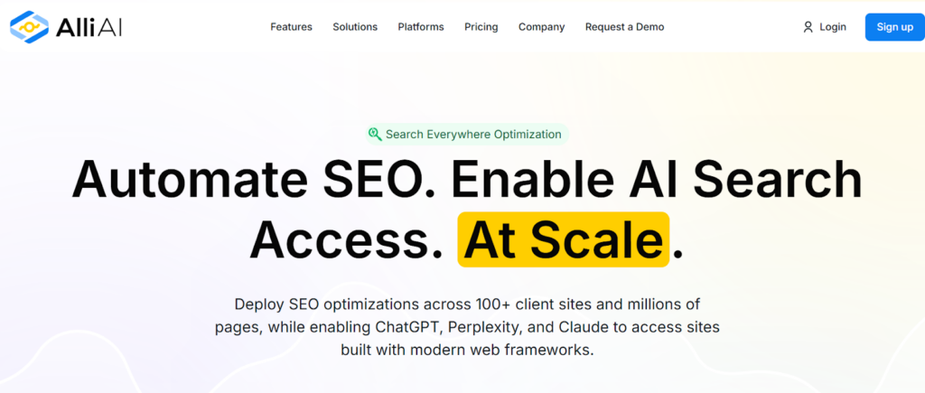 AlliAI homepage for automating SEO and enabling AI search access for ChatGPT and Claude at scale.