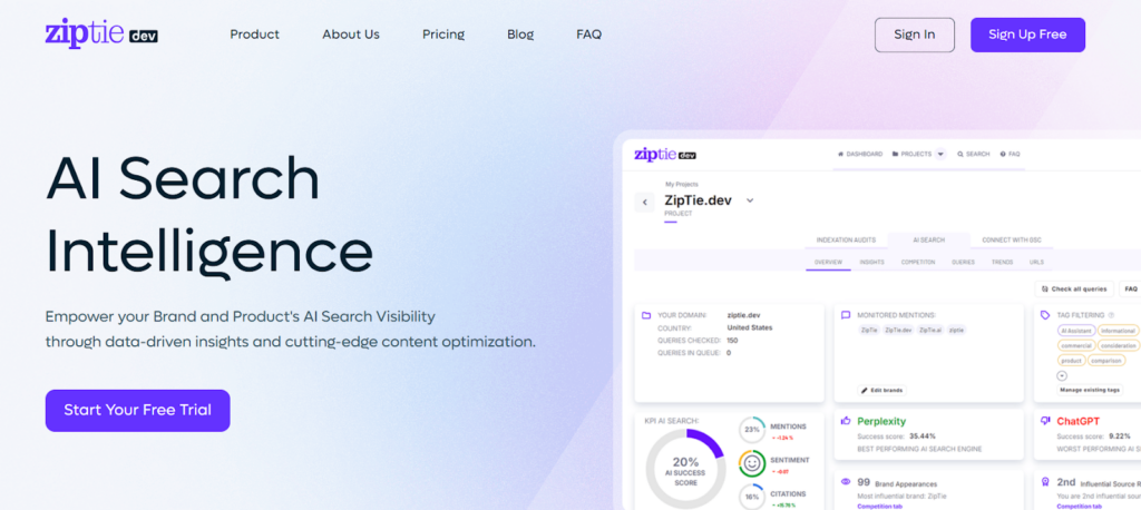 ZipTie.dev homepage for AI Search Intelligence and data-driven brand visibility insights.