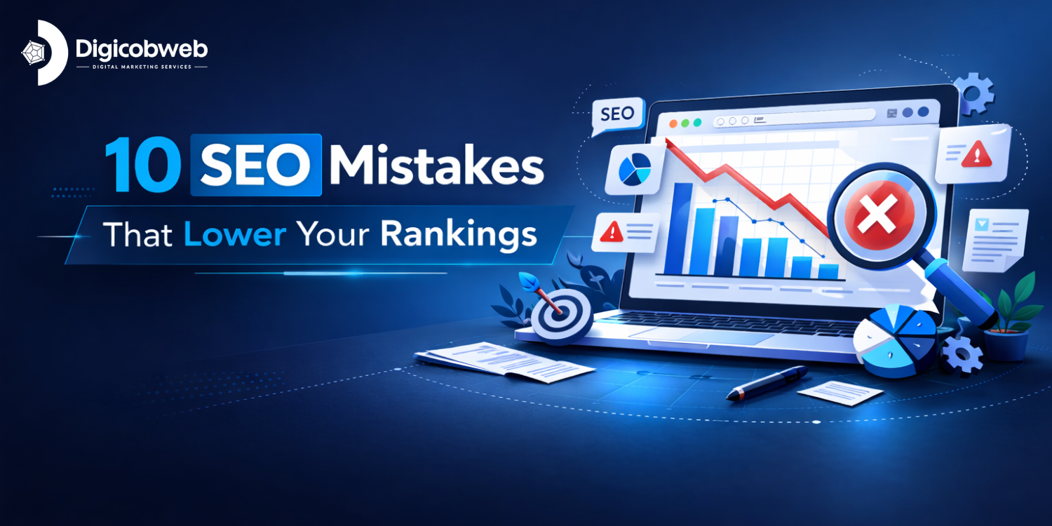 Blog banner showing the title “10 SEO Mistakes That Lower Your Rankings” with a declining performance chart and SEO error indicator on a dark blue background.