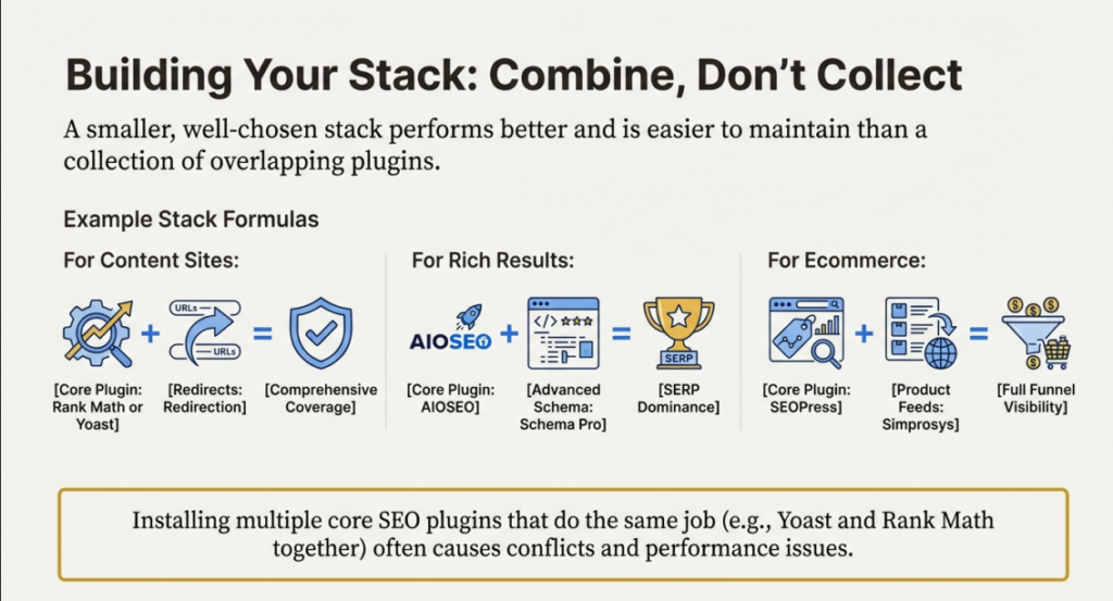 Visual guide on building a lean stack featuring the all in one seo wordpress plugin for rich results and SERP dominance