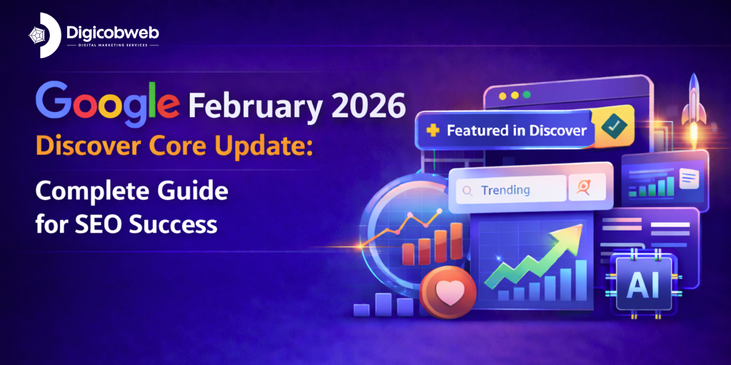 Purple gradient banner featuring the Google February 2026 Discover Core Update guide, with the Digicobweb Digital Marketing Services logo, SEO growth charts, AI analytics icons, trending search elements, and a “Featured in Discover” badge illustrating performance and visibility improvements.