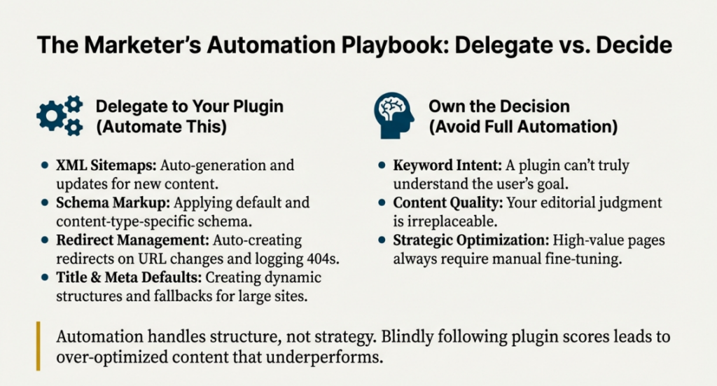 SEO playbook showing which tasks to delegate to the best seo plugins for wordpress versus what to own manually.