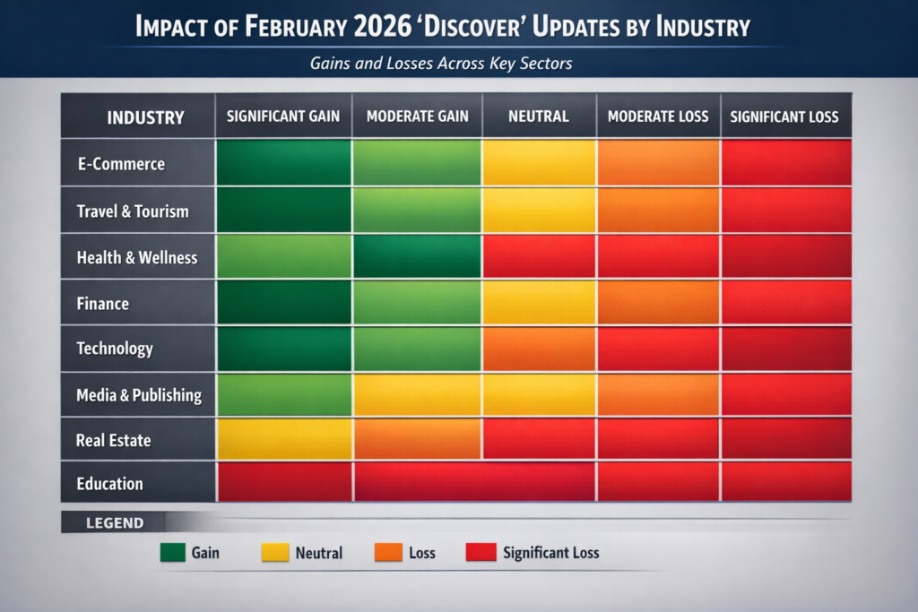 Heat map visualization of Google Discover traffic changes by industry sector.