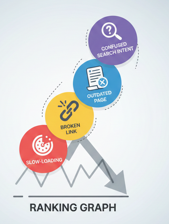 Illustration of a declining ranking graph with issues labeled "slow-loading," "broken link," "outdated page," and "confused search intent."