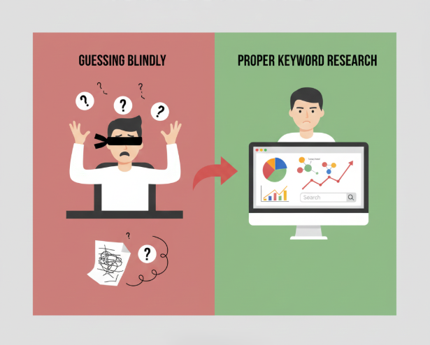 Graphic comparing guessing blindly with proper keyword research using data charts on a computer screen.
