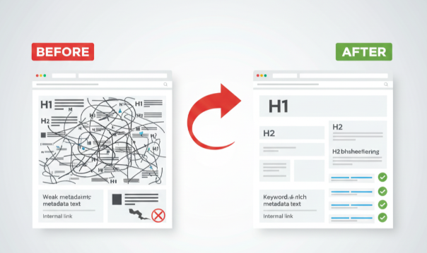 Graphic showing a messy webpage labeled "before" and a structured, optimized page labeled "after."