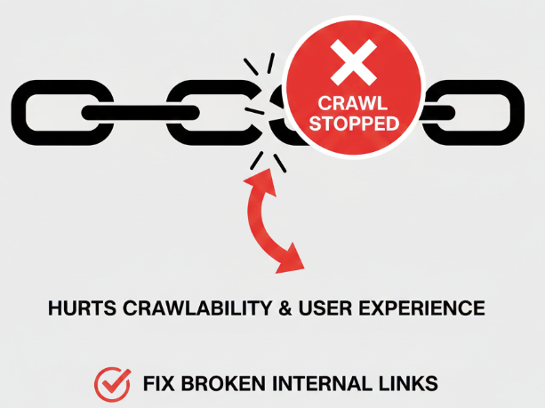 Graphic showing a broken chain with “Crawl Stopped” and a note to fix broken internal links.