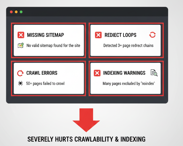  This infographic highlights four critical SEO issues that severely hurt crawlability and indexing: Missing Sitemap, Redirect Loops, Crawl Errors, and Indexing Warnings.