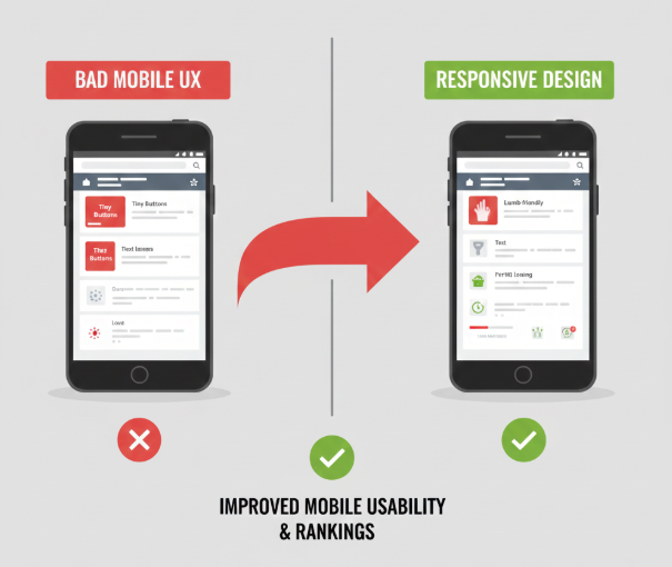 Graphic comparing bad mobile UX with responsive design that improves usability and rankings.
