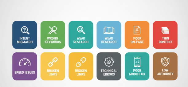 Graphic showing icons for intent mismatch, wrong keywords, weak research, poor on-page, thin content, speed issues, broken links, technical errors, poor mobile UX, and low authority.
