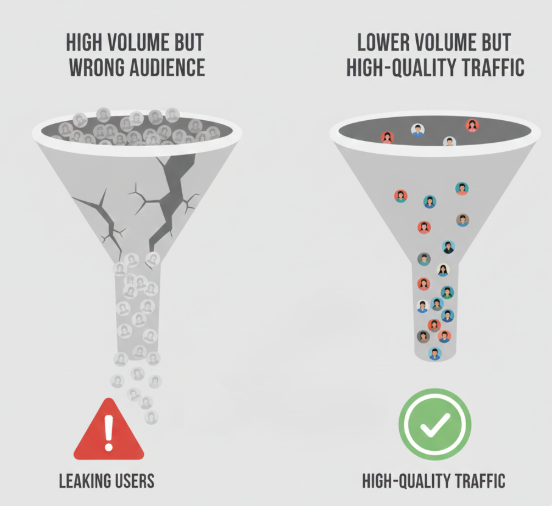  Graphic comparing two funnels: high volume but wrong audience leaking users and lower volume with high-quality traffic showing better results.