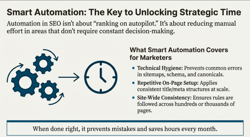 Infographic titled "Smart Automation" showing how best seo plugins for wordpress handle technical hygiene and site-wide consistency.