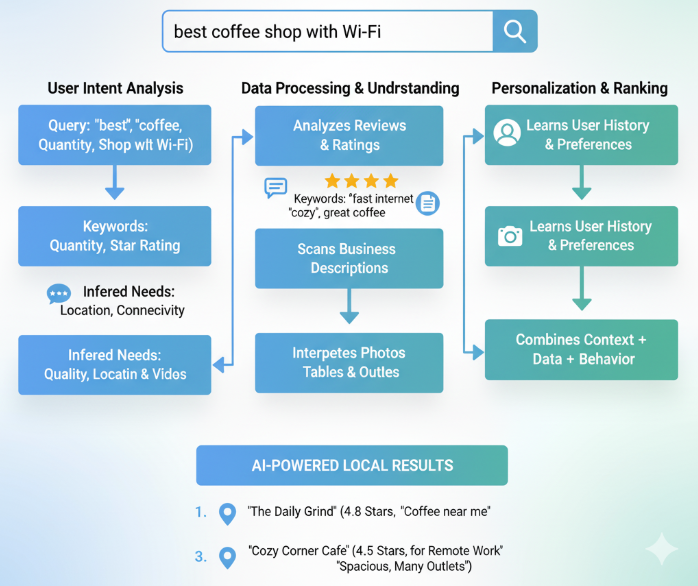 AI local search analyzing reviews, images, and behavior to refine search results.
