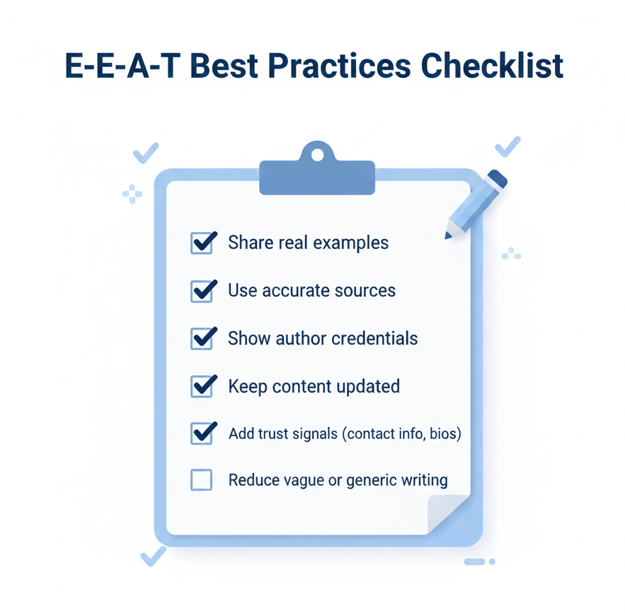 Graphic showing an E-E-A-T best practices checklist for improving content quality and trust.
