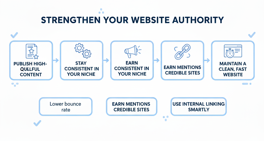 Graphic explaining steps to strengthen website authority through quality content, consistency, mentions, and a clean site.
